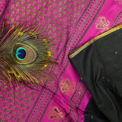 Indian Vintage Sari Pink & Black Mysore Silk Hand Woven Saree with Zari Border 5 Yards Soft Craft Fabric Upcycle, Quilting, Dressmaking