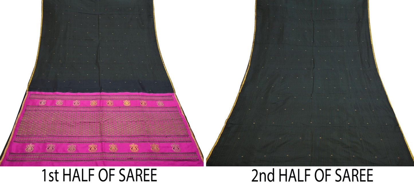 Indian Vintage Sari Pink & Black Mysore Silk Hand Woven Saree with Zari Border 5 Yards Soft Craft Fabric Upcycle, Quilting, Dressmaking