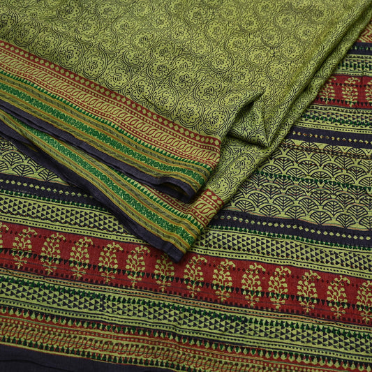 Vintage Green Block Printed Pure Chanderi Silk Saree Floral Design & Zari Border 6 Yards Soft Craft Fabric for Upcycling, Dressmaking,