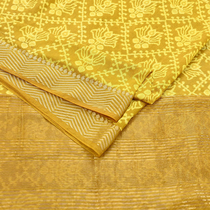 Indian Vintage Sari chanderi Silk Bagru Printed Saree 5Yd Fabric Floral Soft Zari Border Ethnic Upcycle Crafting Dress making