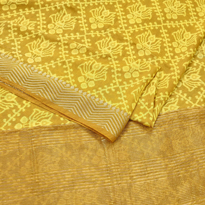 Indian Vintage Sari chanderi Silk Bagru Printed Saree 5Yd Fabric Floral Soft Zari Border Ethnic Upcycle Crafting Dress making