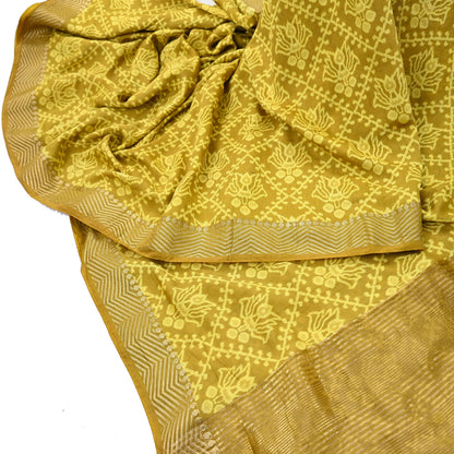 Indian Vintage Sari chanderi Silk Bagru Printed Saree 5Yd Fabric Floral Soft Zari Border Ethnic Upcycle Crafting Dress making