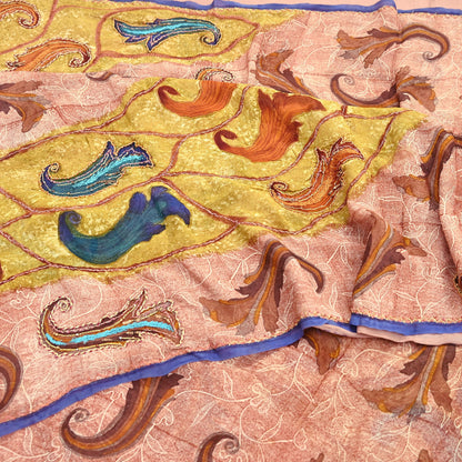 Indian Vintage Sari Brown & Ivory Hand Embroidered Printed Pure Georgette Silk Sari Saree Fabric 5Yd Zari Dressmaking Crafting Upcycle