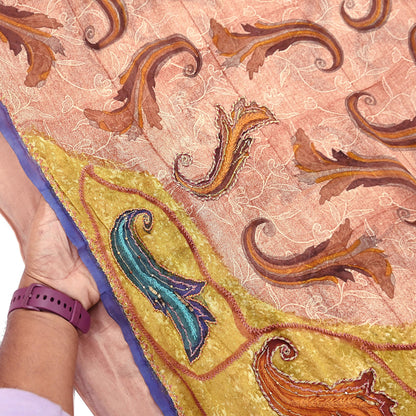 Indian Vintage Sari Brown & Ivory Hand Embroidered Printed Pure Georgette Silk Sari Saree Fabric 5Yd Zari Dressmaking Crafting Upcycle