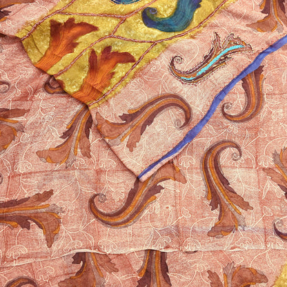 Indian Vintage Sari Brown & Ivory Hand Embroidered Printed Pure Georgette Silk Sari Saree Fabric 5Yd Zari Dressmaking Crafting Upcycle