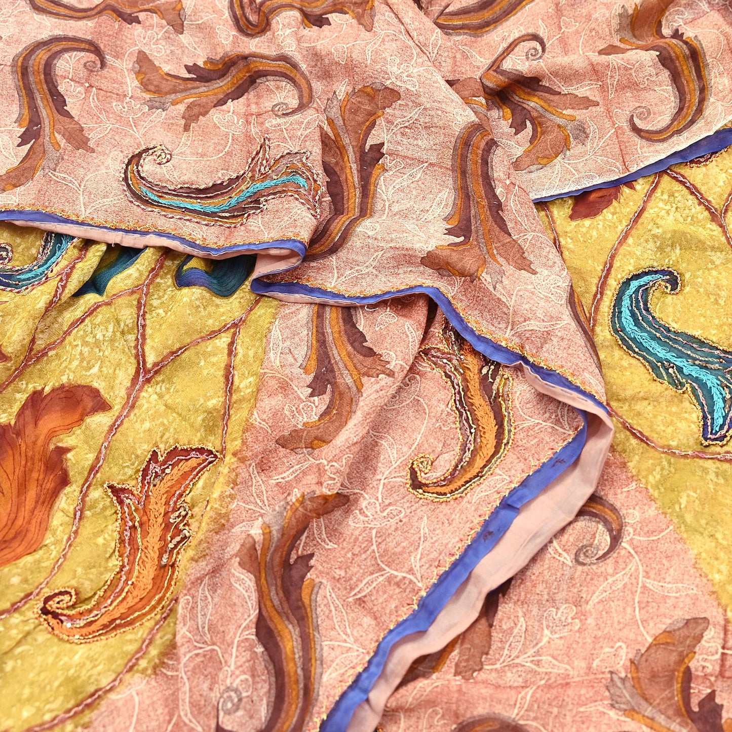 Indian Vintage Sari Brown & Ivory Hand Embroidered Printed Pure Georgette Silk Sari Saree Fabric 5Yd Zari Dressmaking Crafting Upcycle