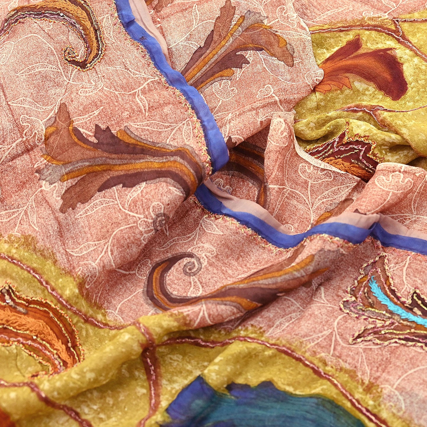 Indian Vintage Sari Brown & Ivory Hand Embroidered Printed Pure Georgette Silk Sari Saree Fabric 5Yd Zari Dressmaking Crafting Upcycle