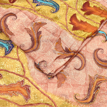 Indian Vintage Sari Brown & Ivory Hand Embroidered Printed Pure Georgette Silk Sari Saree Fabric 5Yd Zari Dressmaking Crafting Upcycle