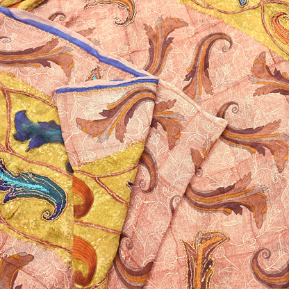 Indian Vintage Sari Brown & Ivory Hand Embroidered Printed Pure Georgette Silk Sari Saree Fabric 5Yd Zari Dressmaking Crafting Upcycle