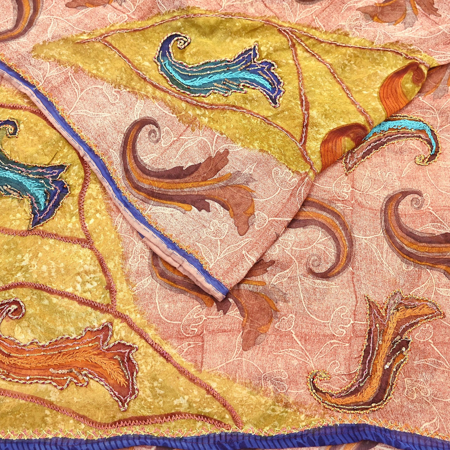 Indian Vintage Sari Brown & Ivory Hand Embroidered Printed Pure Georgette Silk Sari Saree Fabric 5Yd Zari Dressmaking Crafting Upcycle