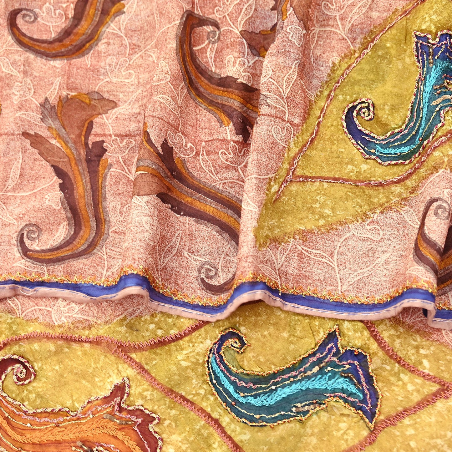 Indian Vintage Sari Brown & Ivory Hand Embroidered Printed Pure Georgette Silk Sari Saree Fabric 5Yd Zari Dressmaking Crafting Upcycle