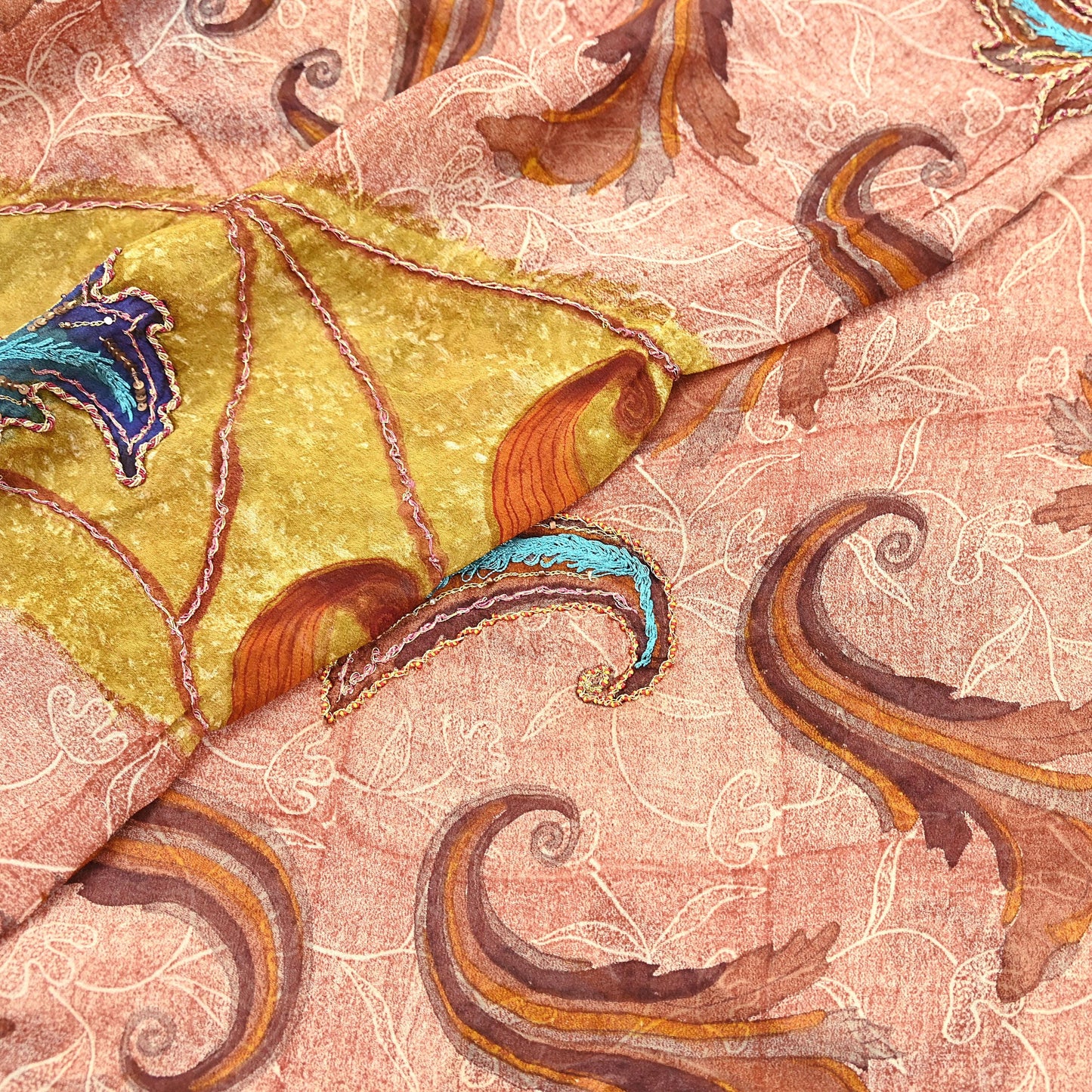 Indian Vintage Sari Brown & Ivory Hand Embroidered Printed Pure Georgette Silk Sari Saree Fabric 5Yd Zari Dressmaking Crafting Upcycle