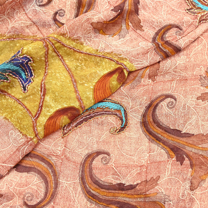 Indian Vintage Sari Brown & Ivory Hand Embroidered Printed Pure Georgette Silk Sari Saree Fabric 5Yd Zari Dressmaking Crafting Upcycle