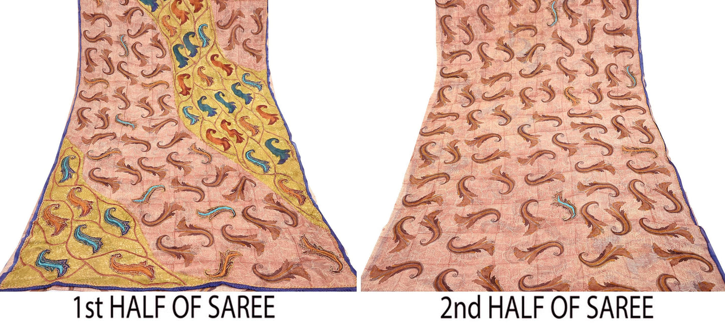 Indian Vintage Sari Brown & Ivory Hand Embroidered Printed Pure Georgette Silk Sari Saree Fabric 5Yd Zari Dressmaking Crafting Upcycle