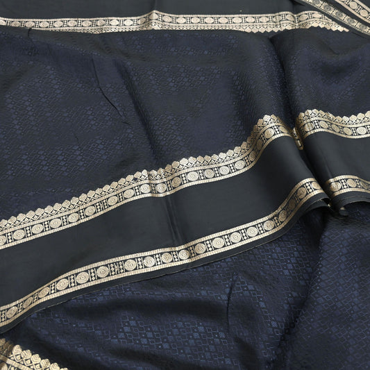 Indian Vintage Blue Mysore Silk Woven Saree Floral Motif & Golden Border 5 Yards Craft Fabric | Pre-Owned Quilting, Upcycle