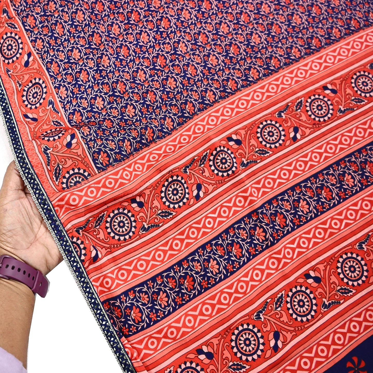 Indian Vintage Sari Peach & Blue Artificial silk Printed Sarees 5yd Craft Fabric Sewing Floral Soft Dress making Quilting Crafting Upcycle