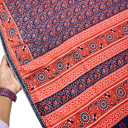 Indian Vintage Sari Peach & Blue Artificial silk Printed Sarees 5yd Craft Fabric Sewing Floral Soft Dress making Quilting Crafting Upcycle