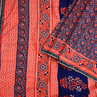 Indian Vintage Sari Peach & Blue Artificial silk Printed Sarees 5yd Craft Fabric Sewing Floral Soft Dress making Quilting Crafting Upcycle