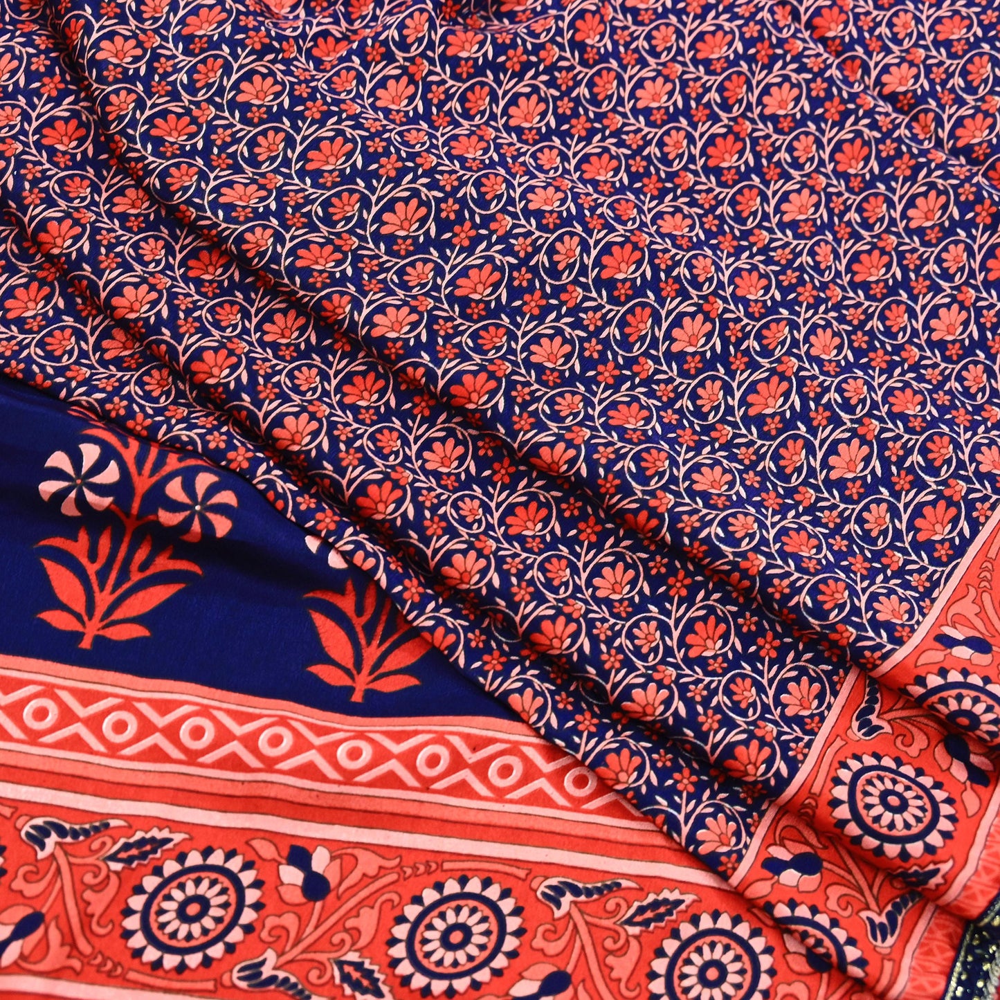 Indian Vintage Sari Peach & Blue Artificial silk Printed Sarees 5yd Craft Fabric Sewing Floral Soft Dress making Quilting Crafting Upcycle