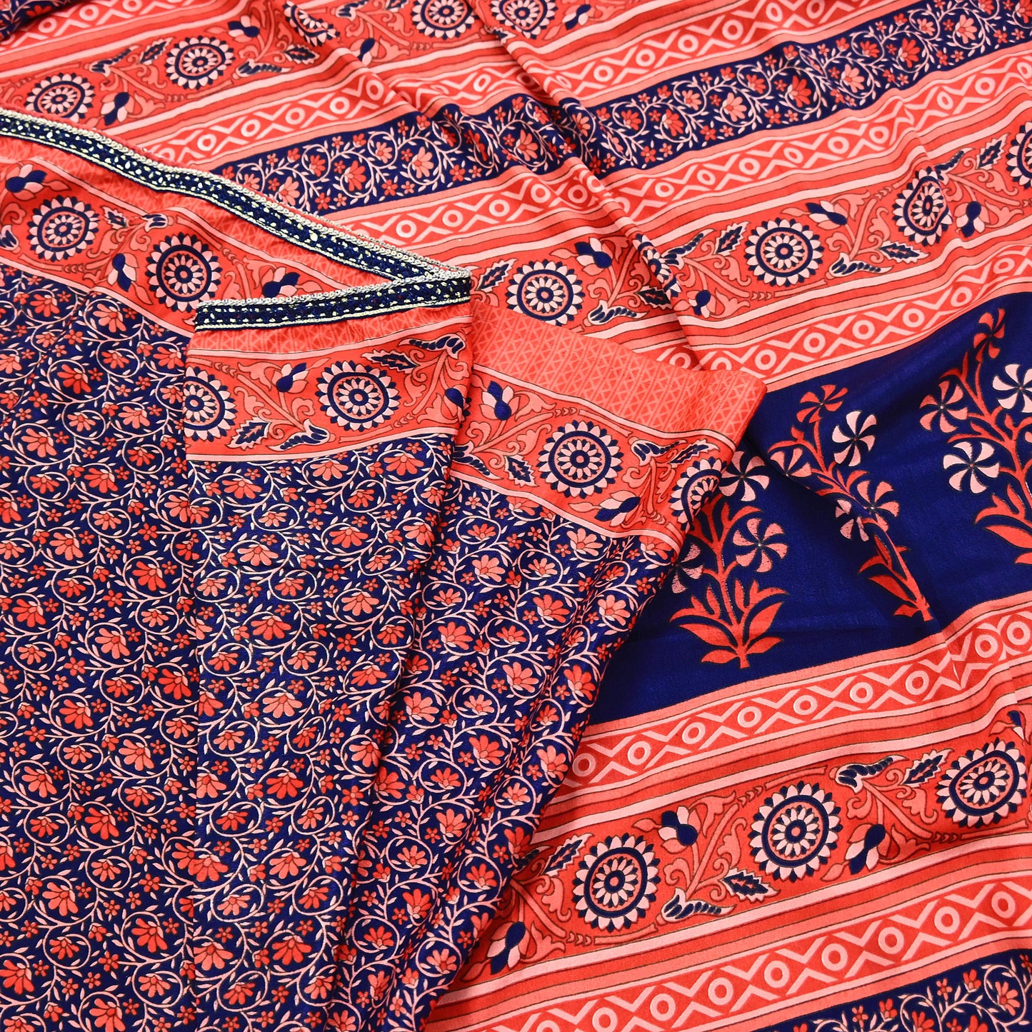 Indian Vintage Sari Peach & Blue Artificial silk Printed Sarees 5yd Craft Fabric Sewing Floral Soft Dress making Quilting Crafting Upcycle