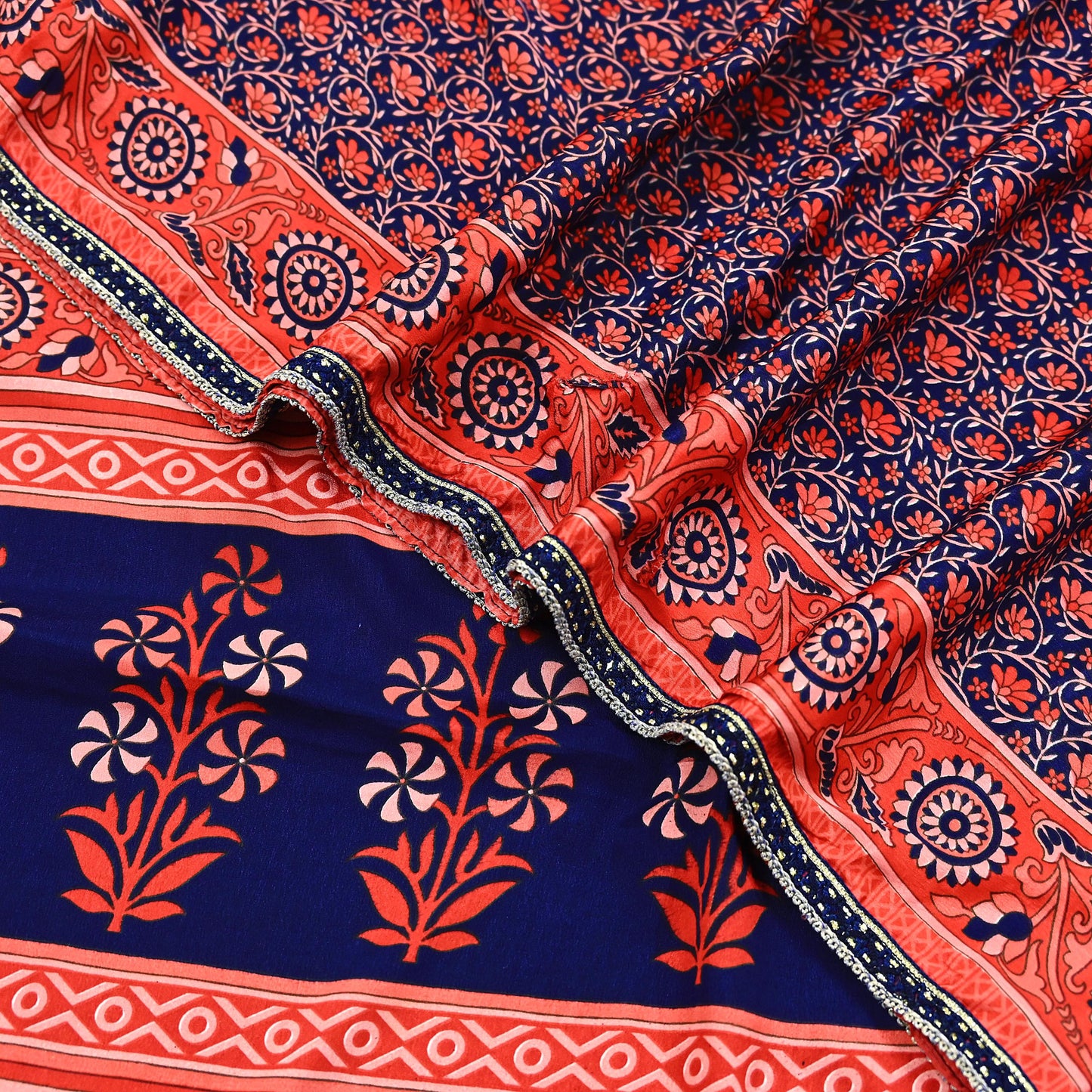 Indian Vintage Sari Peach & Blue Artificial silk Printed Sarees 5yd Craft Fabric Sewing Floral Soft Dress making Quilting Crafting Upcycle