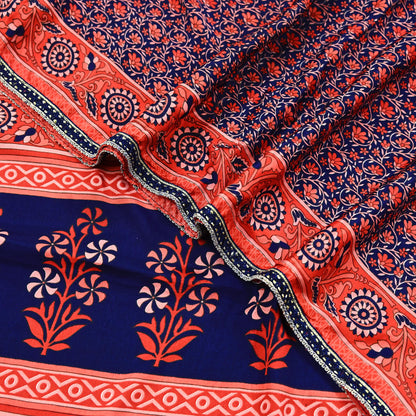 Indian Vintage Sari Peach & Blue Artificial silk Printed Sarees 5yd Craft Fabric Sewing Floral Soft Dress making Quilting Crafting Upcycle