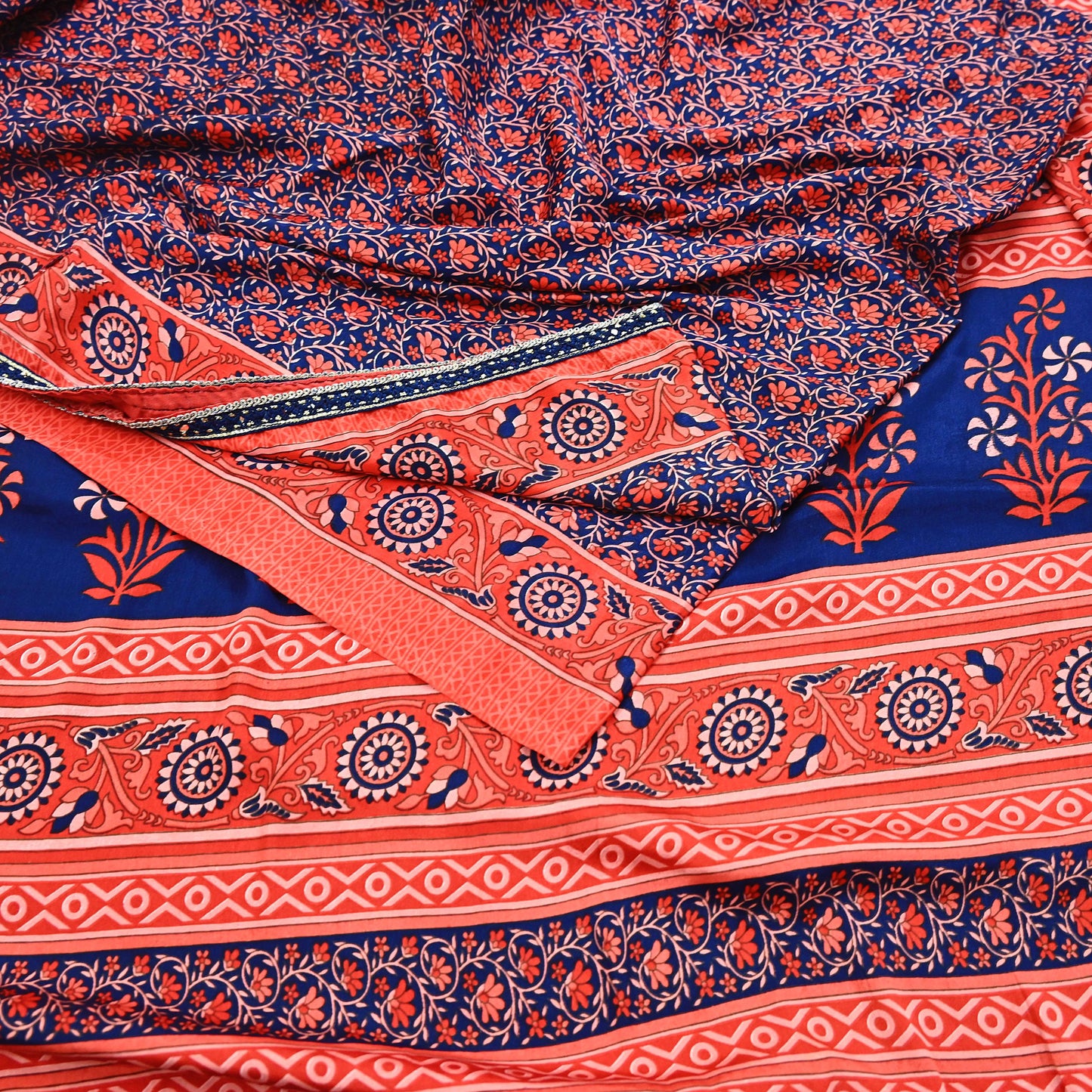 Indian Vintage Sari Peach & Blue Artificial silk Printed Sarees 5yd Craft Fabric Sewing Floral Soft Dress making Quilting Crafting Upcycle