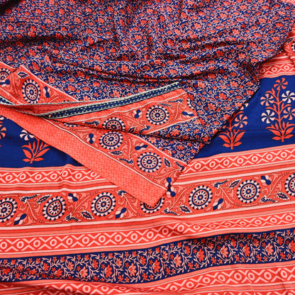 Indian Vintage Sari Peach & Blue Artificial silk Printed Sarees 5yd Craft Fabric Sewing Floral Soft Dress making Quilting Crafting Upcycle
