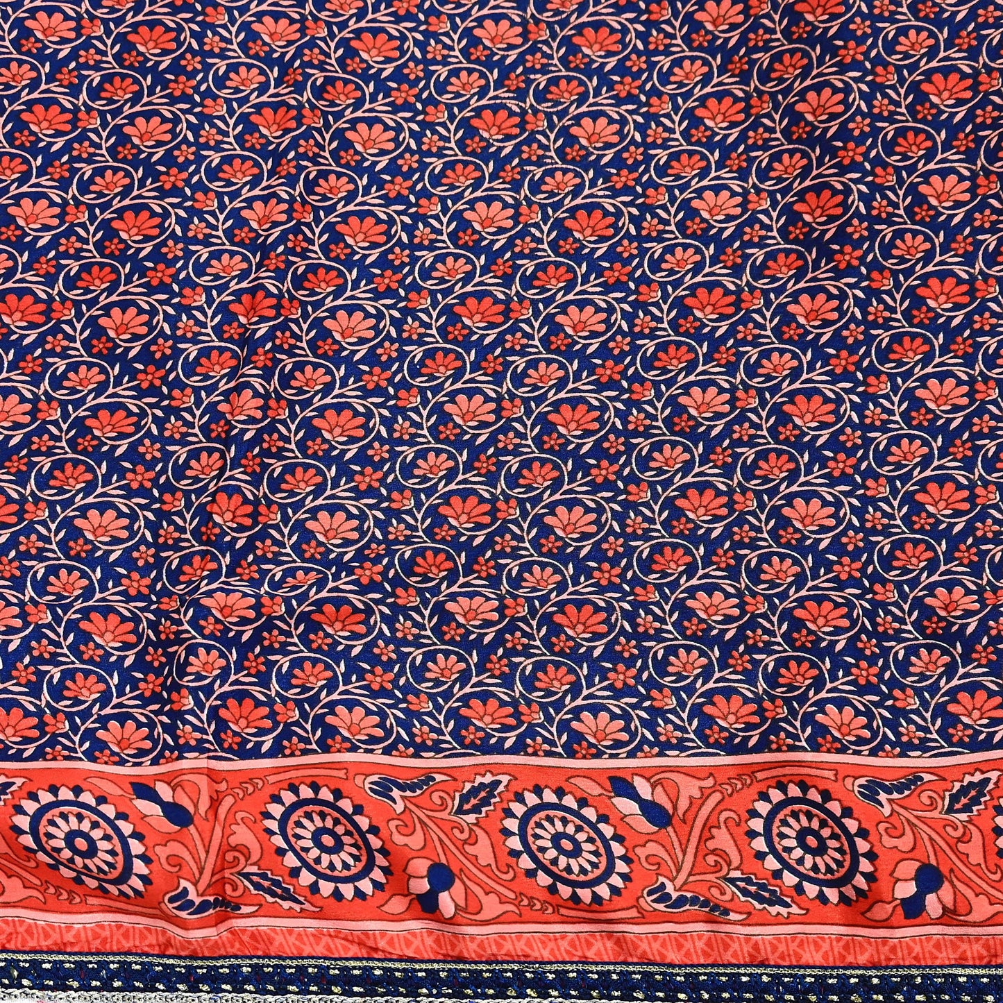 Indian Vintage Sari Peach & Blue Artificial silk Printed Sarees 5yd Craft Fabric Sewing Floral Soft Dress making Quilting Crafting Upcycle