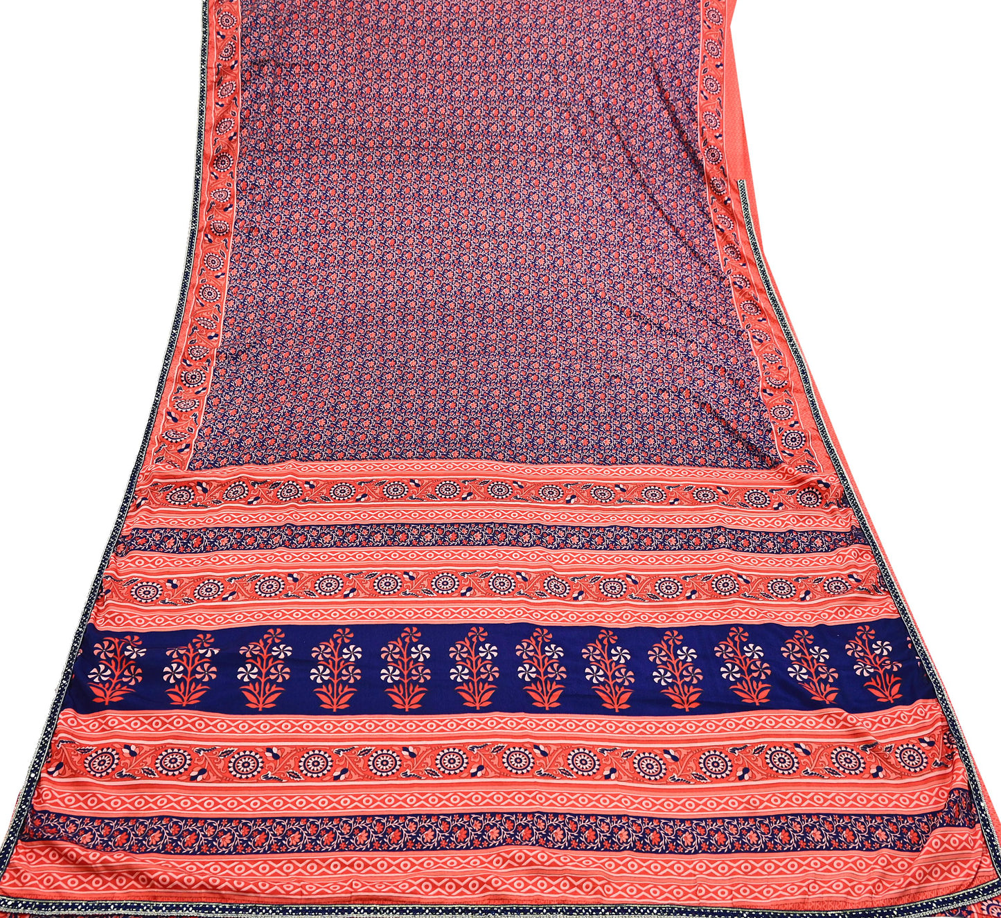 Indian Vintage Sari Peach & Blue Artificial silk Printed Sarees 5yd Craft Fabric Sewing Floral Soft Dress making Quilting Crafting Upcycle