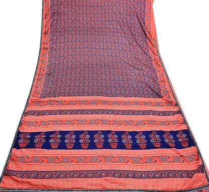 Indian Vintage Sari Peach & Blue Artificial silk Printed Sarees 5yd Craft Fabric Sewing Floral Soft Dress making Quilting Crafting Upcycle