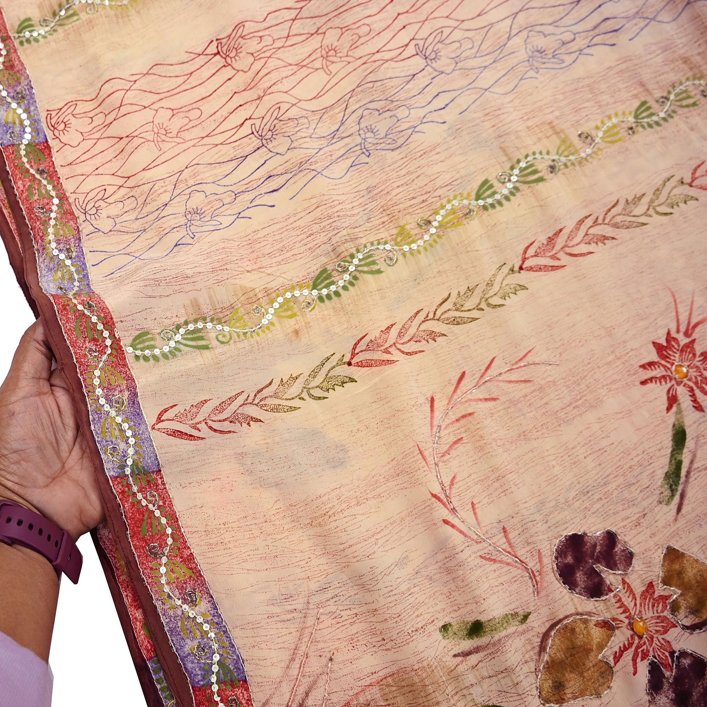 Indian Vintage Sari Brown & Beige Pure Crepe Silk Hand Embroidered Saree 5yd Sewing Floral Craft Sequins Dress making Crafting Quilting