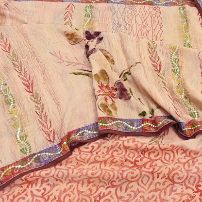 Indian Vintage Sari Brown & Beige Pure Crepe Silk Hand Embroidered Saree 5yd Sewing Floral Craft Sequins Dress making Crafting Quilting