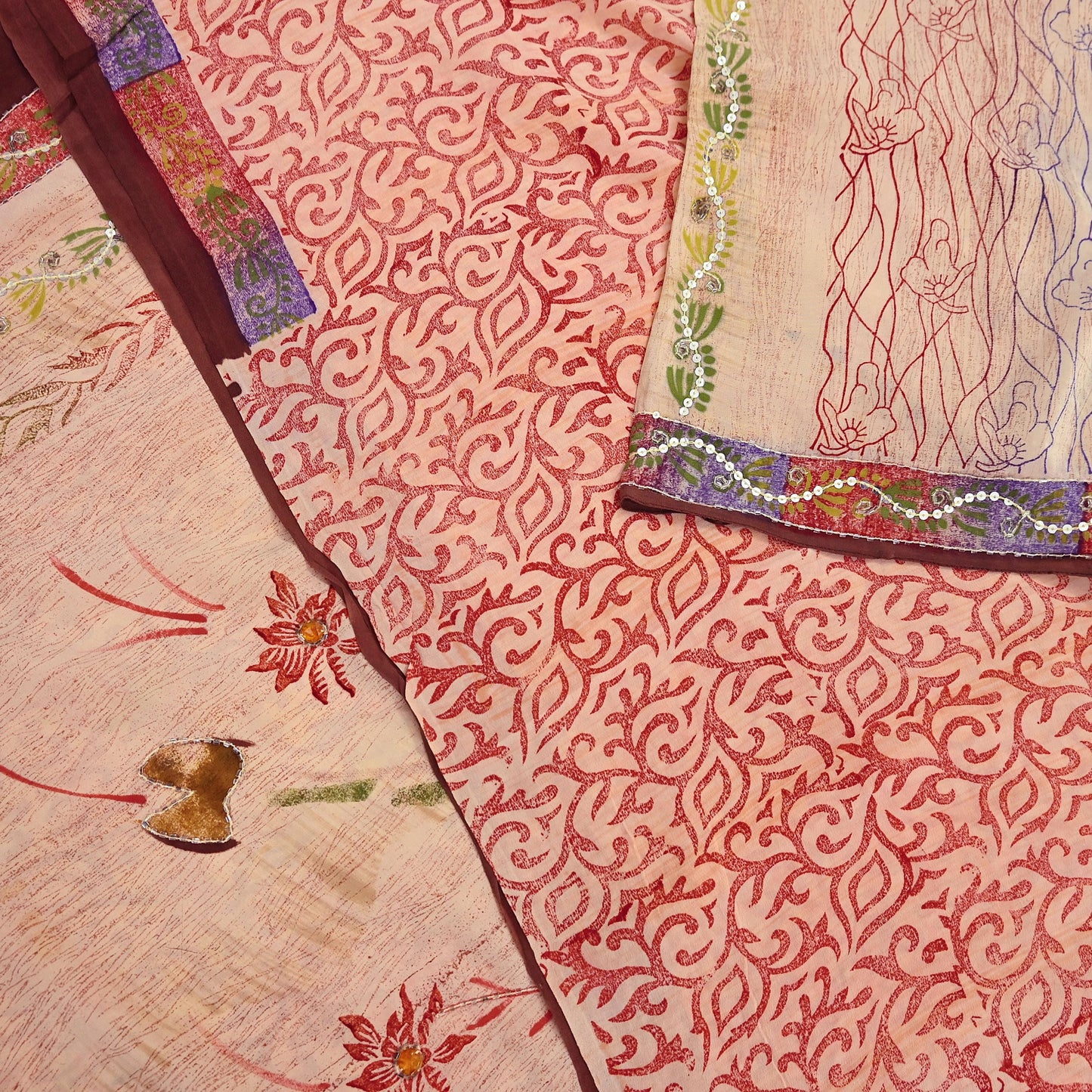 Indian Vintage Sari Brown & Beige Pure Crepe Silk Hand Embroidered Saree 5yd Sewing Floral Craft Sequins Dress making Crafting Quilting