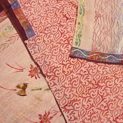 Indian Vintage Sari Brown & Beige Pure Crepe Silk Hand Embroidered Saree 5yd Sewing Floral Craft Sequins Dress making Crafting Quilting