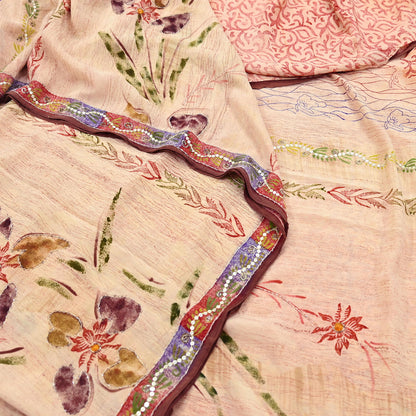 Indian Vintage Sari Brown & Beige Pure Crepe Silk Hand Embroidered Saree 5yd Sewing Floral Craft Sequins Dress making Crafting Quilting