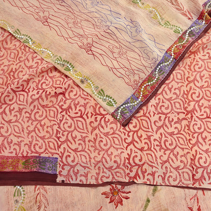 Indian Vintage Sari Brown & Beige Pure Crepe Silk Hand Embroidered Saree 5yd Sewing Floral Craft Sequins Dress making Crafting Quilting