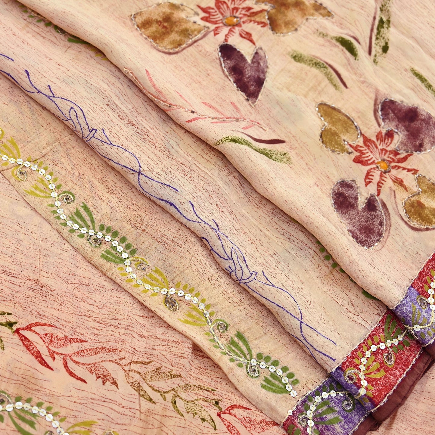 Indian Vintage Sari Brown & Beige Pure Crepe Silk Hand Embroidered Saree 5yd Sewing Floral Craft Sequins Dress making Crafting Quilting