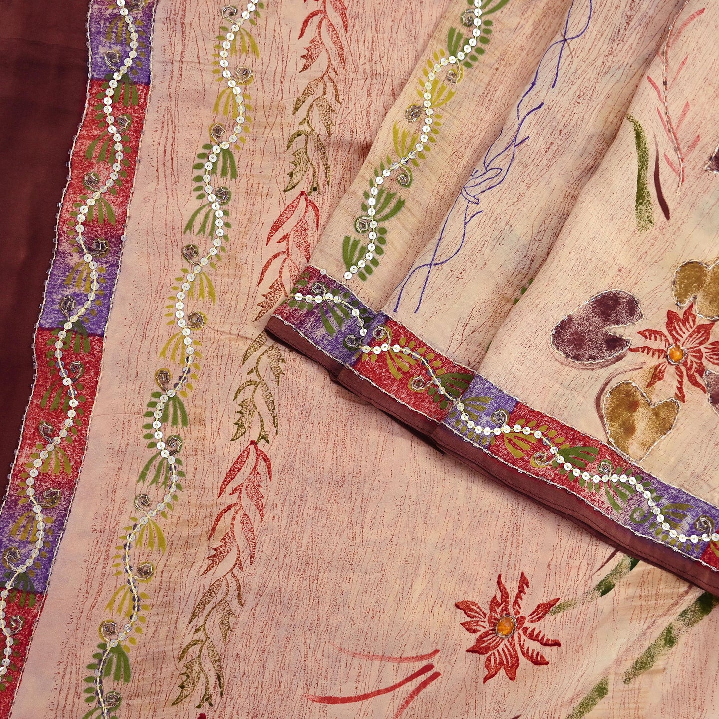 Indian Vintage Sari Brown & Beige Pure Crepe Silk Hand Embroidered Saree 5yd Sewing Floral Craft Sequins Dress making Crafting Quilting