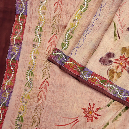 Indian Vintage Sari Brown & Beige Pure Crepe Silk Hand Embroidered Saree 5yd Sewing Floral Craft Sequins Dress making Crafting Quilting