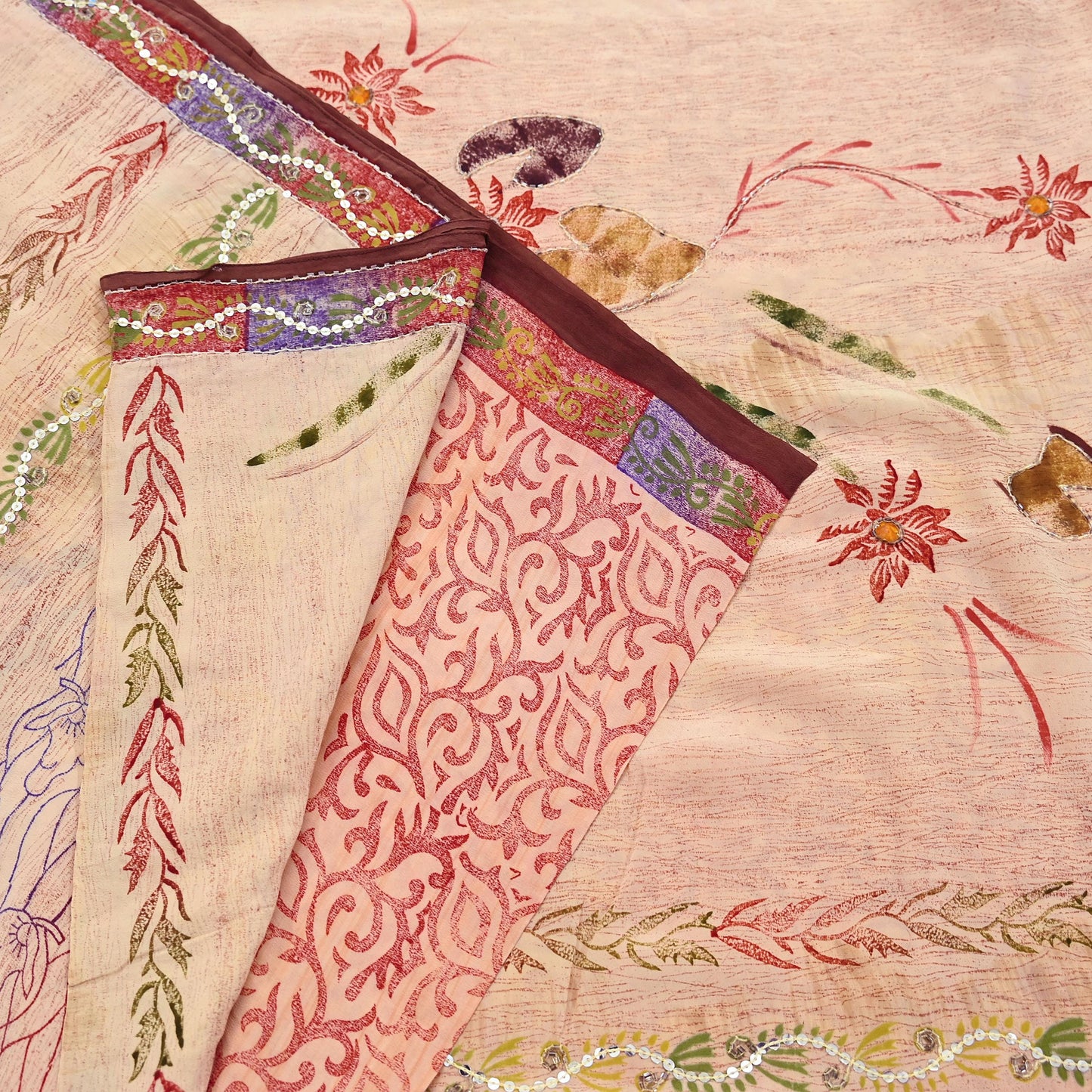 Indian Vintage Sari Brown & Beige Pure Crepe Silk Hand Embroidered Saree 5yd Sewing Floral Craft Sequins Dress making Crafting Quilting