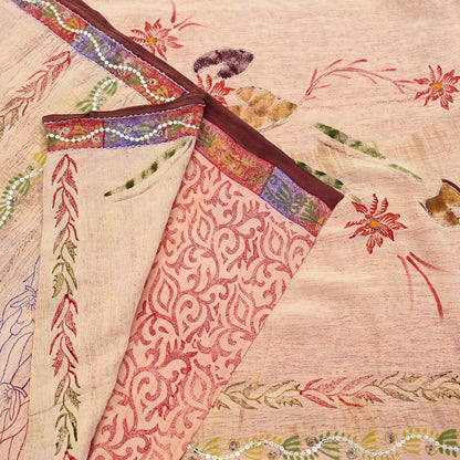 Indian Vintage Sari Brown & Beige Pure Crepe Silk Hand Embroidered Saree 5yd Sewing Floral Craft Sequins Dress making Crafting Quilting