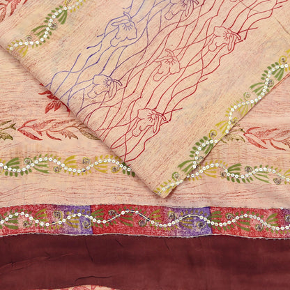 Indian Vintage Sari Brown & Beige Pure Crepe Silk Hand Embroidered Saree 5yd Sewing Floral Craft Sequins Dress making Crafting Quilting