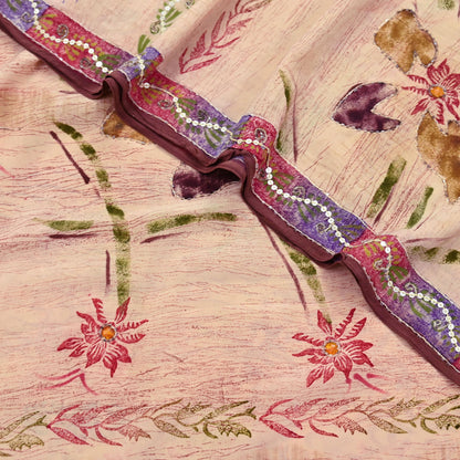 Indian Vintage Sari Brown & Beige Pure Crepe Silk Hand Embroidered Saree 5yd Sewing Floral Craft Sequins Dress making Crafting Quilting