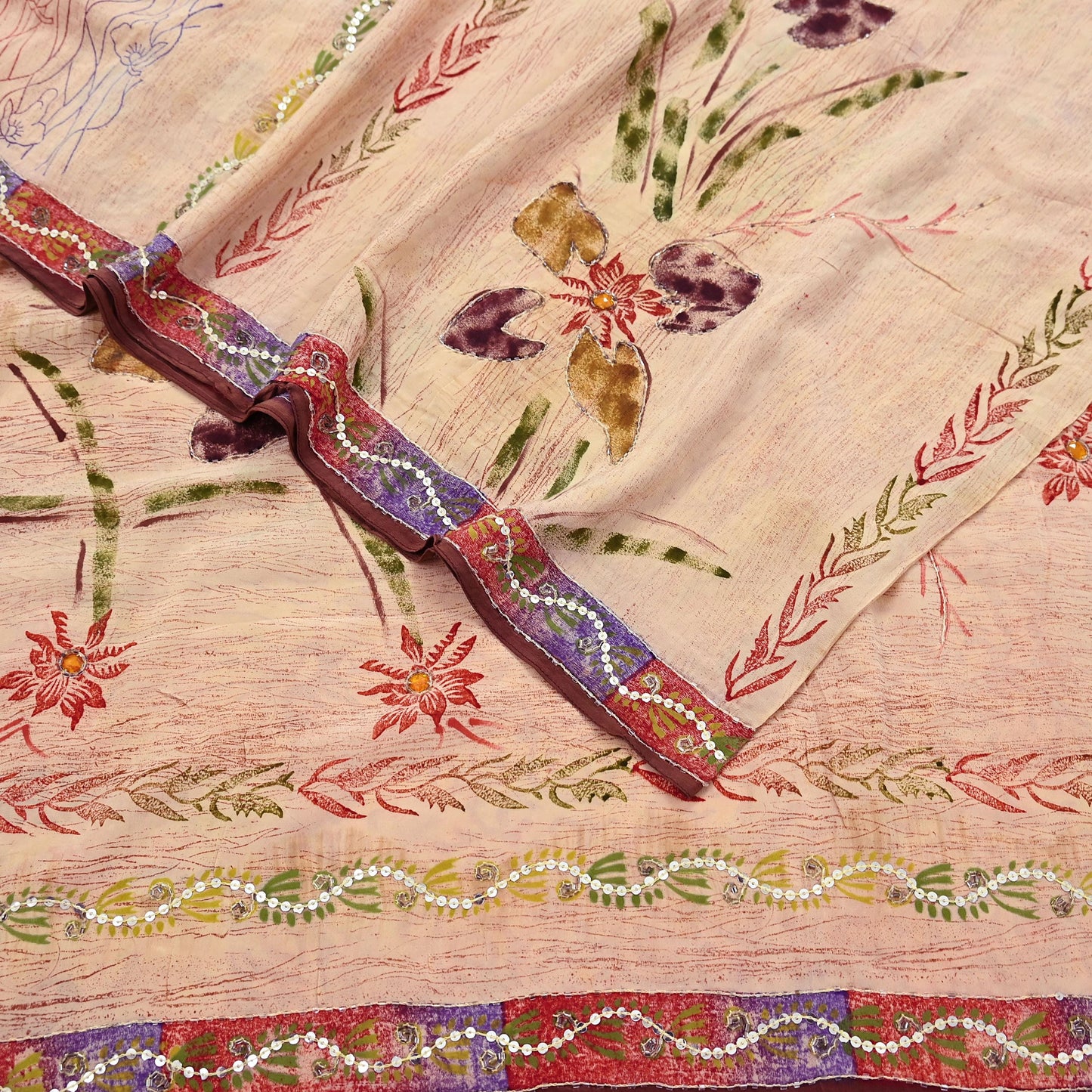 Indian Vintage Sari Brown & Beige Pure Crepe Silk Hand Embroidered Saree 5yd Sewing Floral Craft Sequins Dress making Crafting Quilting