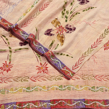 Indian Vintage Sari Brown & Beige Pure Crepe Silk Hand Embroidered Saree 5yd Sewing Floral Craft Sequins Dress making Crafting Quilting