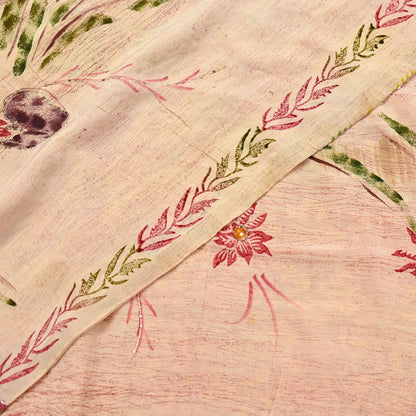 Indian Vintage Sari Brown & Beige Pure Crepe Silk Hand Embroidered Saree 5yd Sewing Floral Craft Sequins Dress making Crafting Quilting