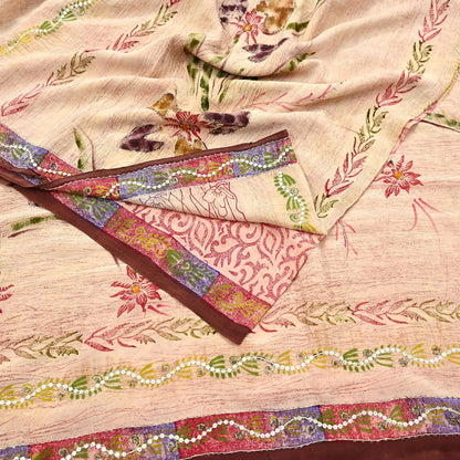 Indian Vintage Sari Brown & Beige Pure Crepe Silk Hand Embroidered Saree 5yd Sewing Floral Craft Sequins Dress making Crafting Quilting