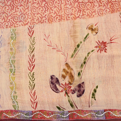 Indian Vintage Sari Brown & Beige Pure Crepe Silk Hand Embroidered Saree 5yd Sewing Floral Craft Sequins Dress making Crafting Quilting