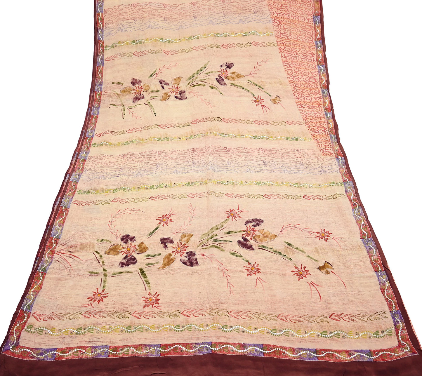 Indian Vintage Sari Brown & Beige Pure Crepe Silk Hand Embroidered Saree 5yd Sewing Floral Craft Sequins Dress making Crafting Quilting